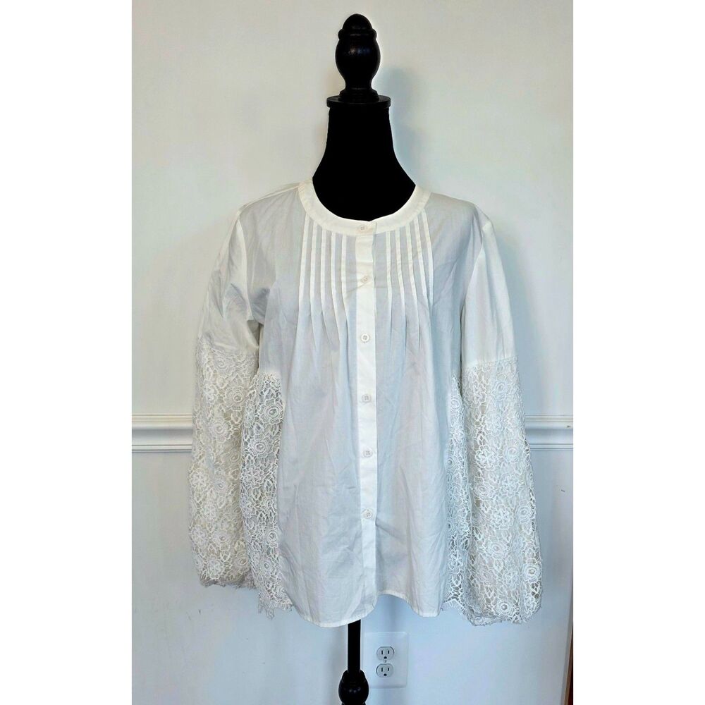 Ori + Ali White Cotton Blouse S Crochet Lace Bell Sleeves Pintuck Boho
